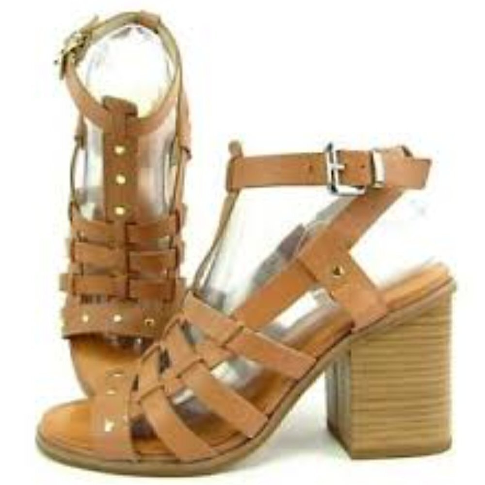 SEYCHELLES Women's Tan Leather Block Heel Sandals 9.5 Caged Ankle Wrap Coastal